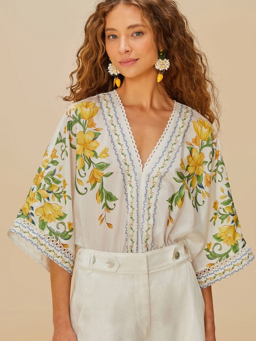 Farm Rio Floral V-Neck Peasant Blouse in Yellow